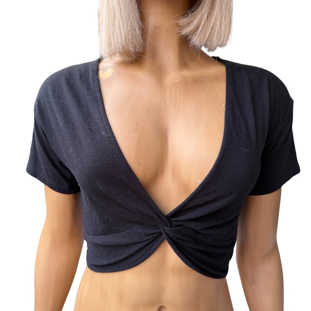 American Eagle Twist Front Crop Top Plunging V-Neck Black Minimalist Y2K S/M